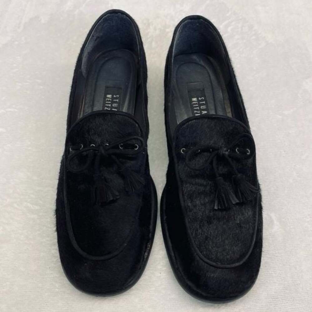 Stuart Weitzman Black Calf Fur Tassel Slip On Loafer Size 9 Professional Luxury